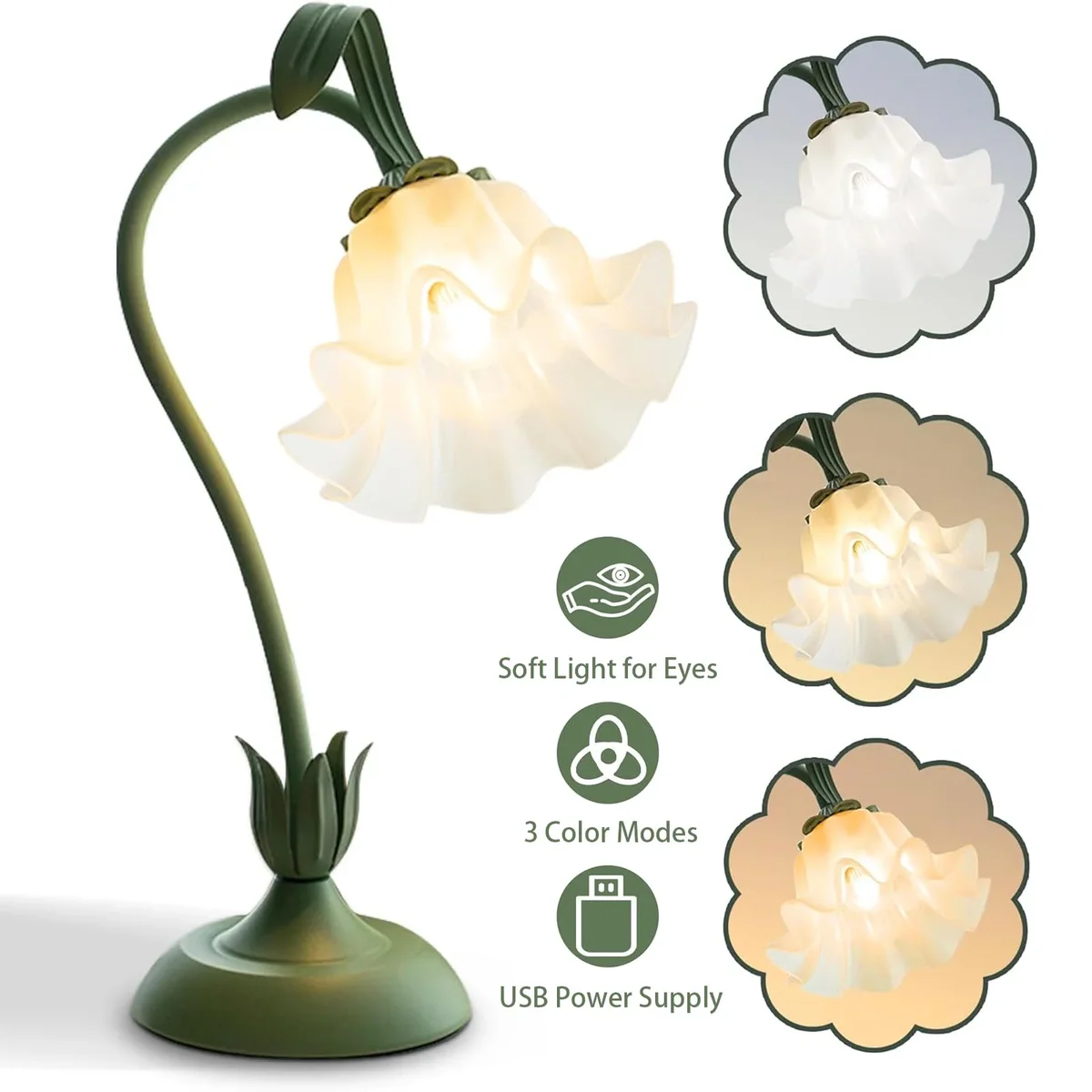 Haokaini Vintage Flower Table Lamp, 3 Color Temperature Cute Flower Bedside Lamp with 26E Bulb, Gooseneck Nightstand Lamp for Bedroom Living Room Office R 1980