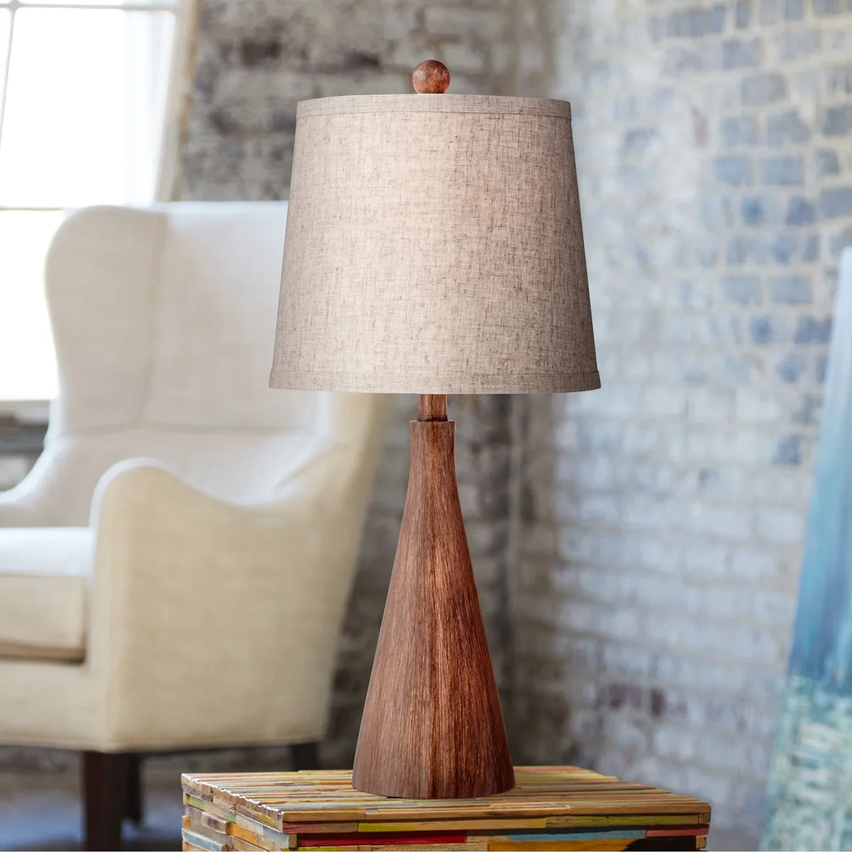 Everdaily Essentials Fraiser 23 1/2" High Cone Small Mid Century Modern Accent Table Lamps Set of 2 Brown Wood Finish Living Room Bedroom 0751