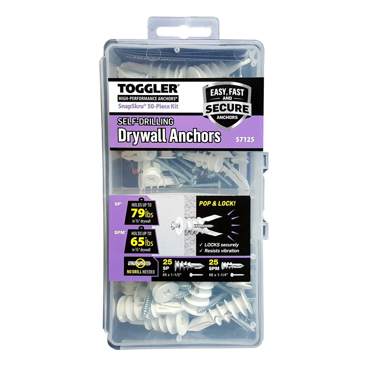 TOGGLER SnapSkru SP Self Drilling Drywall Anchors, Heavy Duty Anchors for Hollow Walls, Glass Filled Nylon, Fits #6–#10 Screws, Holds 79 lb in  4235