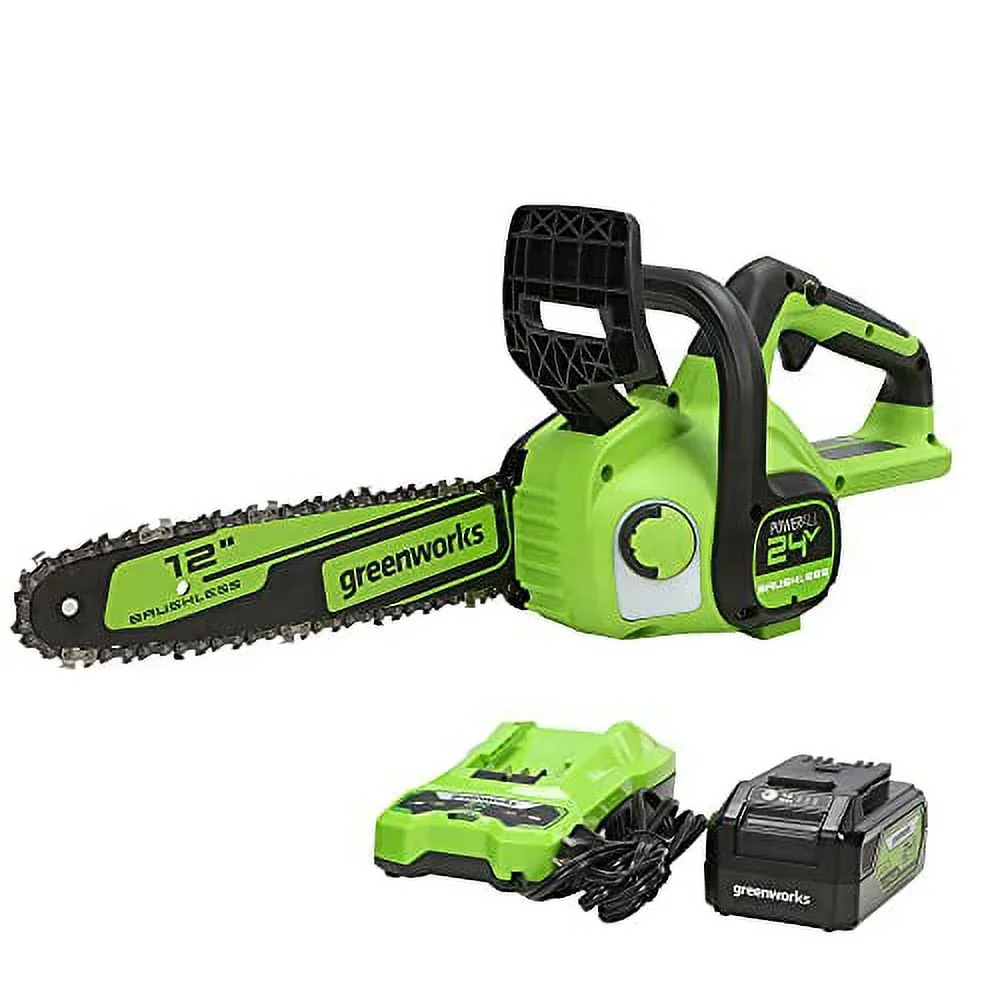 Greenworks 24V 12" Brushless Chainsaw + 4.0 Ah Battery and Charger 2016602 8254
