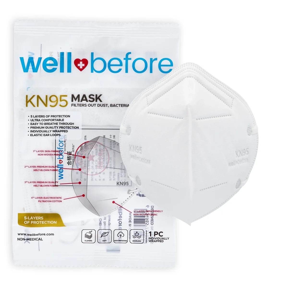 Well Before KN95 Disposable 5Ply Face Masks, Pack of 10, Medium, White, Individually Wrapped, Standard Ear Loops 3610