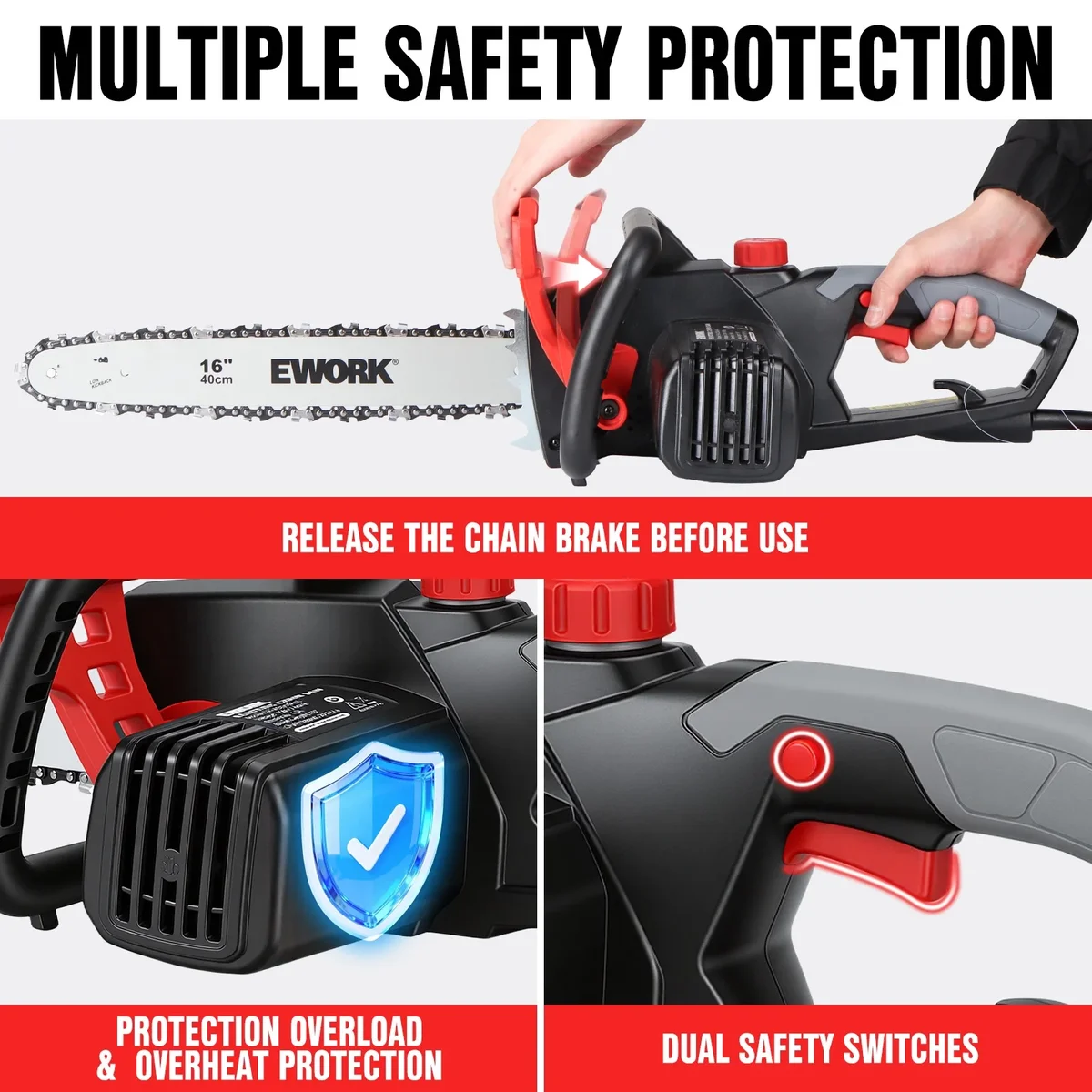 EWORK Electric Chainsaw Corded 16-Inch 15 Amp Electric Chain Saws, Corded Chainsaw with Tool-Free Chain Tension, Auto Oiling, Low Kickback, Elect 4483