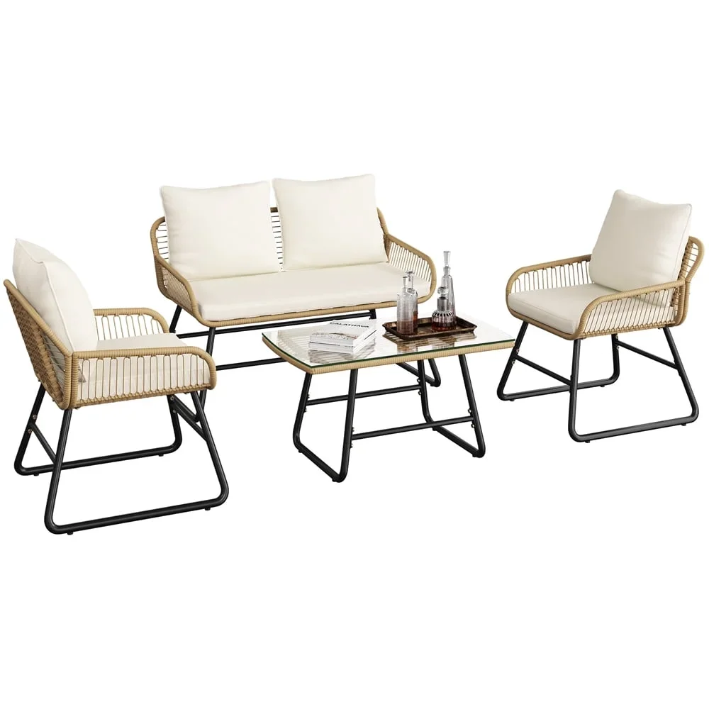Yaheetech 4-Piece Boho Style Patio Rattan Conversation Set with Cushions and Pillows, Tan/Cream 3478