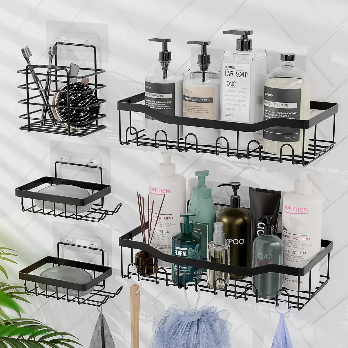 Lammaloe Adhesive Steel Shower Caddy Organizer, Bathroom Accessories Rustproof Shower Caddy Bathroom Organizer 5 Pack, Black 1444