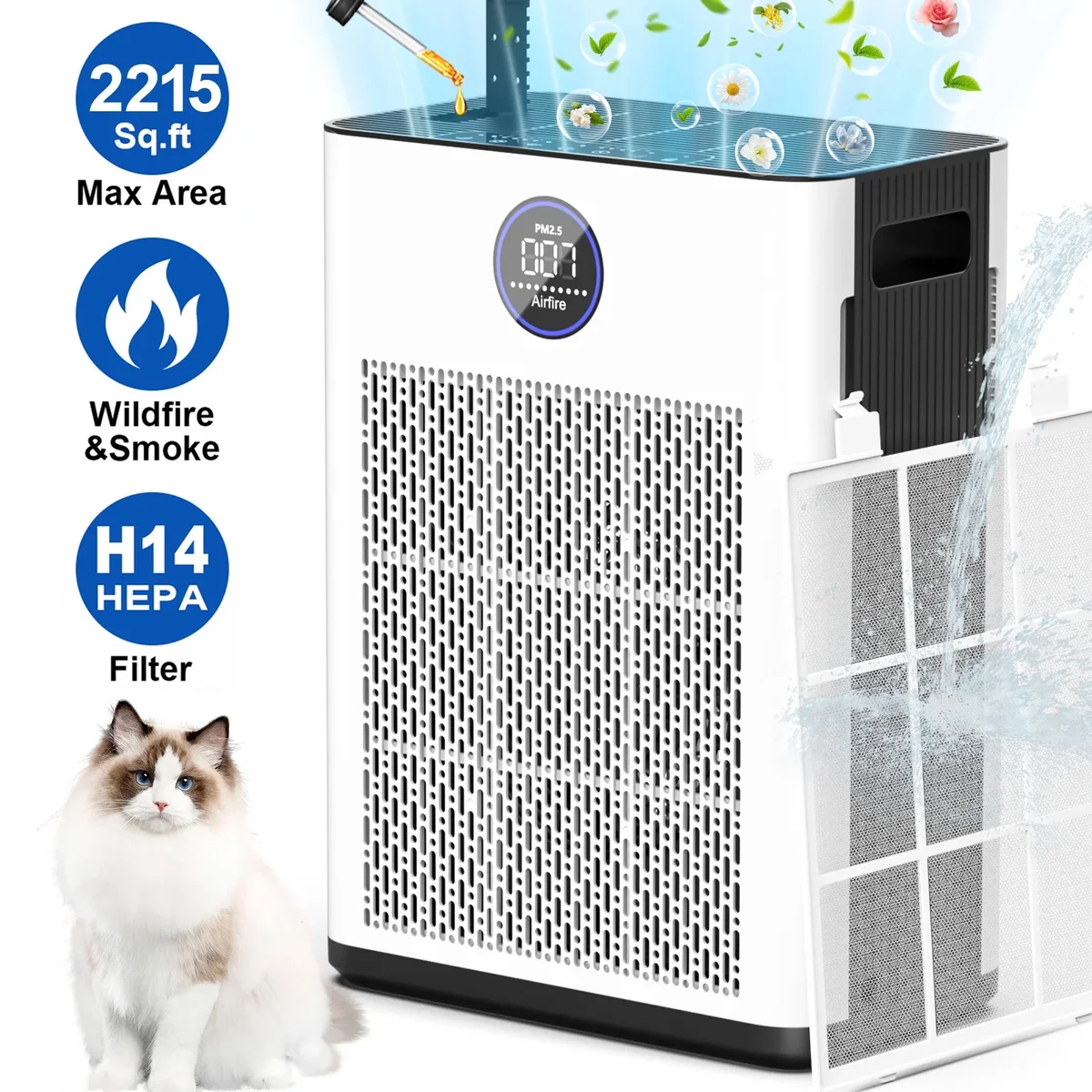 AIRFIRE H14 HEPA Air Purifiers for Home up to 2215 Sq.ft, Air Purifier for Allergies and Asthma, Pollen, Wildfire/Smoke, Pet Dander & Odor, Dust, 3337