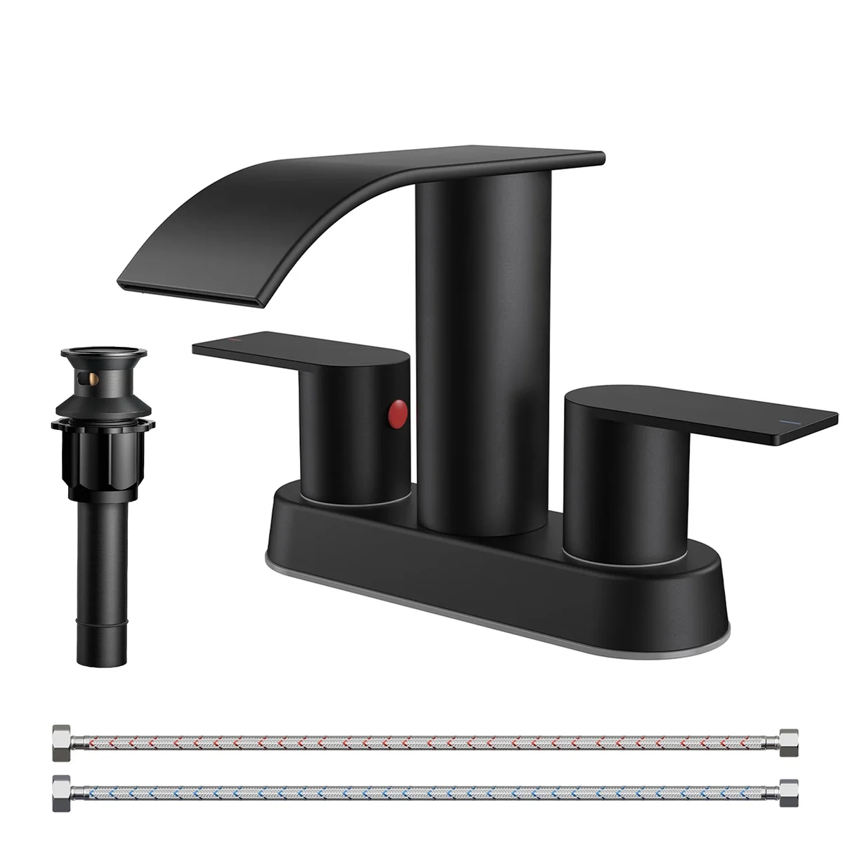 TVOFEK Waterfall Centerset Bathroom Faucets for 2 or 3 Hole with Metal Pop up Drain and cUPC Hose, 4 inch Matte Black Two Handles Basin Sink Fauc 7582