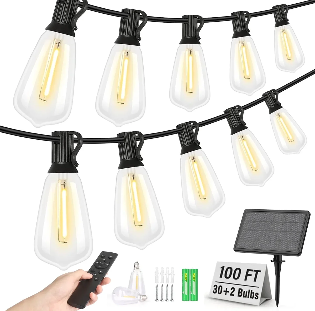 Mibote 100FT Solar String Lights Outdoor Waterproof, Patio Lights with Remote Control & 30+2 Dimmable ST38 Edison Bulbs Shatterproof,Solar Powered Strin 5864