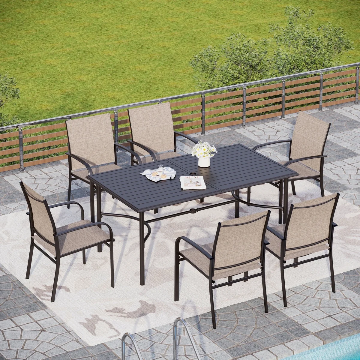 Sophia & William 7-Piece Patio Dining Set Outdoor Standard Table Set with 6 Textilene Chairs-Brown 5583