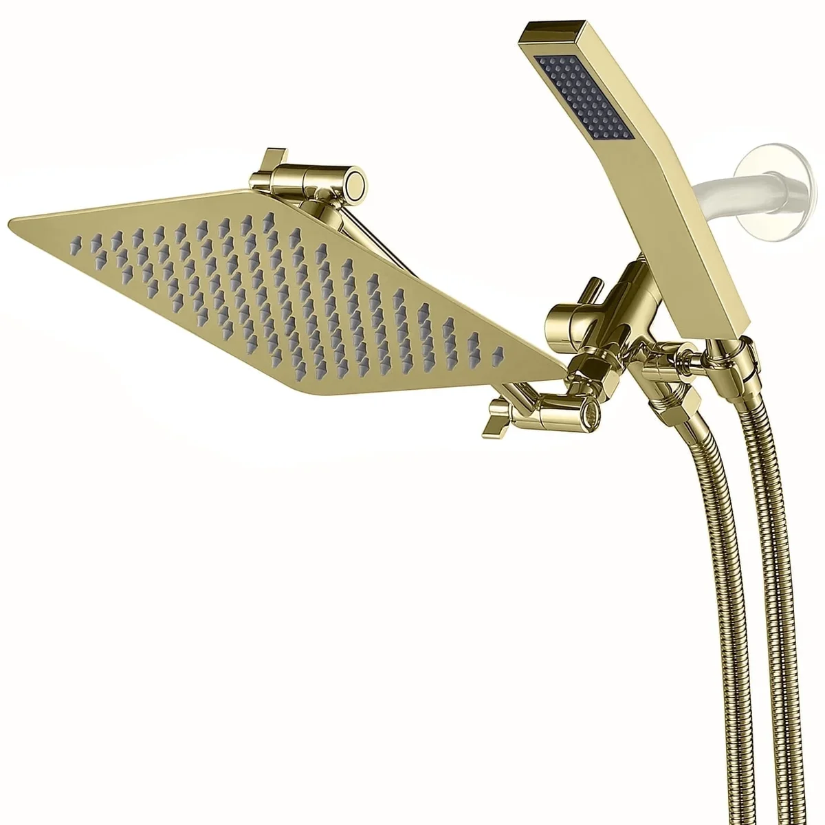 G-Promise All Metal Dual Square Shower Head Combo, Rain Shower Head with Handheld Shower Wand and Extra Long Flexible Hose (Polished Brass) 8596