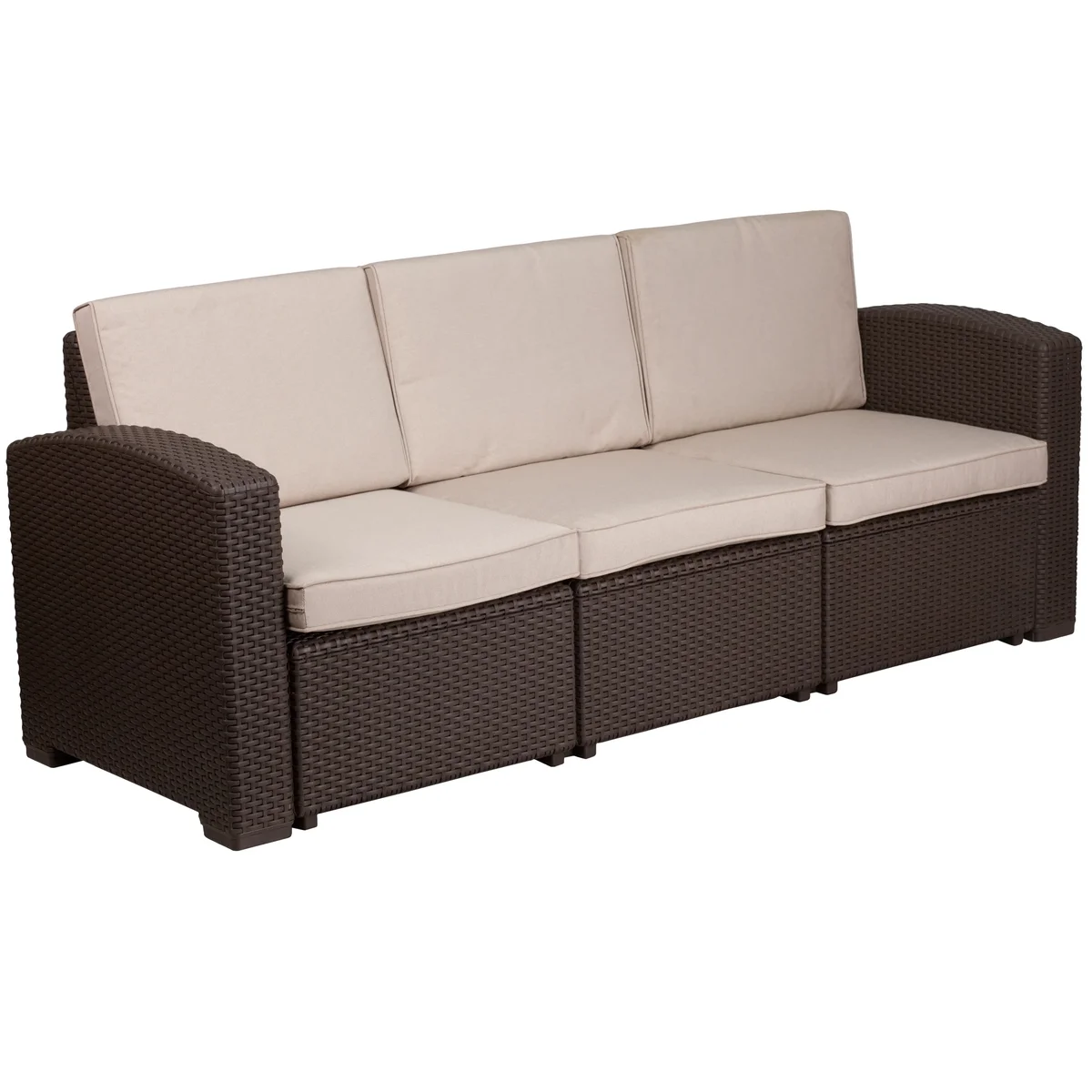 Emma + Oliver Chocolate Brown Faux Rattan Sofa with Beige Cushions 6979