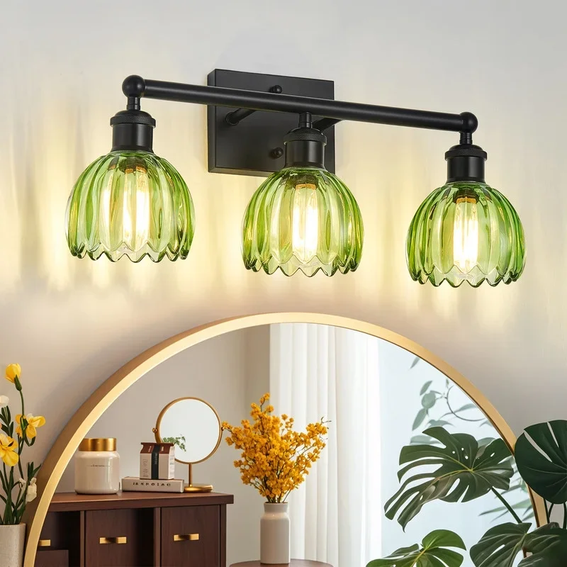 GCGAFUL Modern Black Bathroom Vanity Light Fixtures, 20 in. 3-Light Bathroom Lights Fixtures Over Mirror with Green Tulip Glass Shade 2697