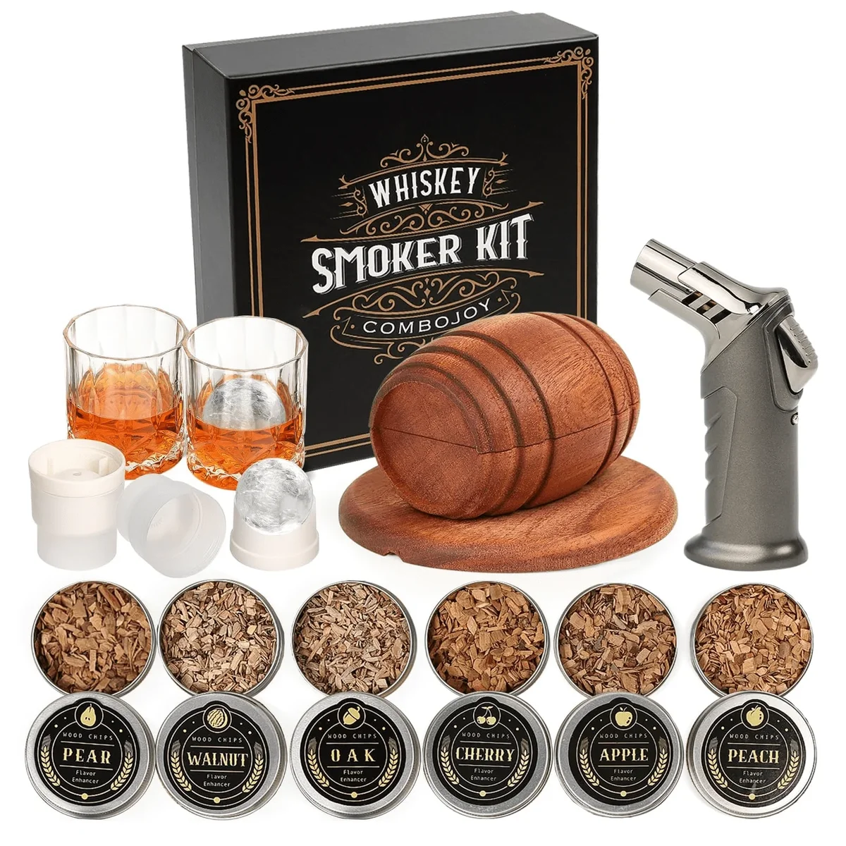 Everdaily Essentials Whiskey Smoker Kit with Torch - 6 Flavors Wood Chips, 2 Glasses, 2 Ice Ball Molds - Cocktail Smoker Infuser Kit, Old Fashioned Drink Smoker Kit, 7339
