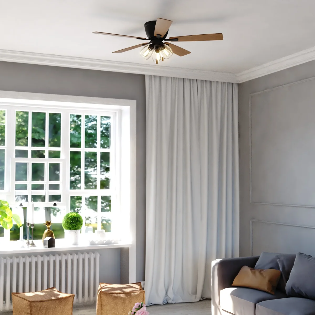 Everdaily Essentials Brayton Black Transitional 3-Light Flush Mount Ceiling Fan with Light Kit, Pull Chain, Reversible Blades Ref. 1566