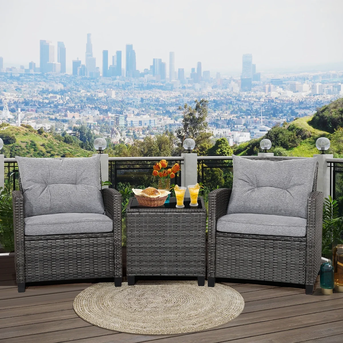 Gymax 3PCS Patio Rattan Sofa Set Outdoor Wicker Conversation Set Glass Tabletop w/ Grey Cushion 3629