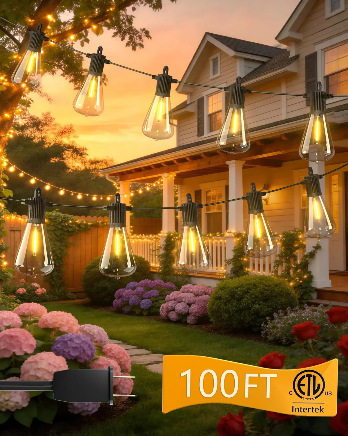 BeatiNeon Outdoor String Lights, 100 Feet ST38 LED Patio Lights with 52 Edison Plastic Bulbs(2 Spare), Waterproof Connectable Hanging Lights for  5632