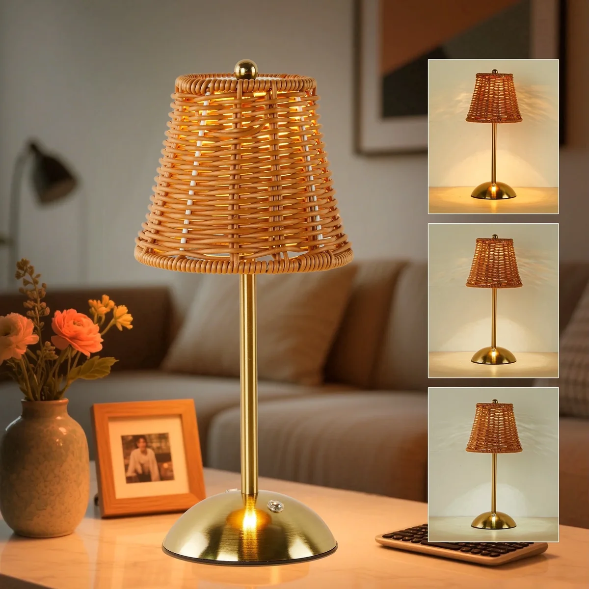 LAFAYTTE Rattan Table Lamp, Vintage Rattan LED Rechargeable Reading Light, 3 Color Temperatures Dimmable Bedside Lamp, Wicker Night Light for Bed 3901