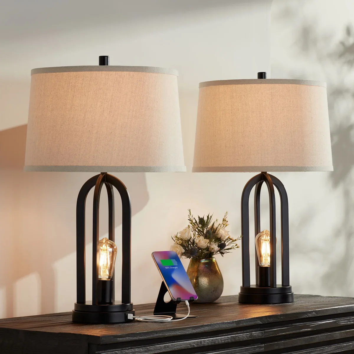 360 Lighting Marcel Industrial Table Lamps 24 1/4" High Set of 2 Black with LED Nightlight USB Port Natural Shade for Bedroom Living Room House D 0219