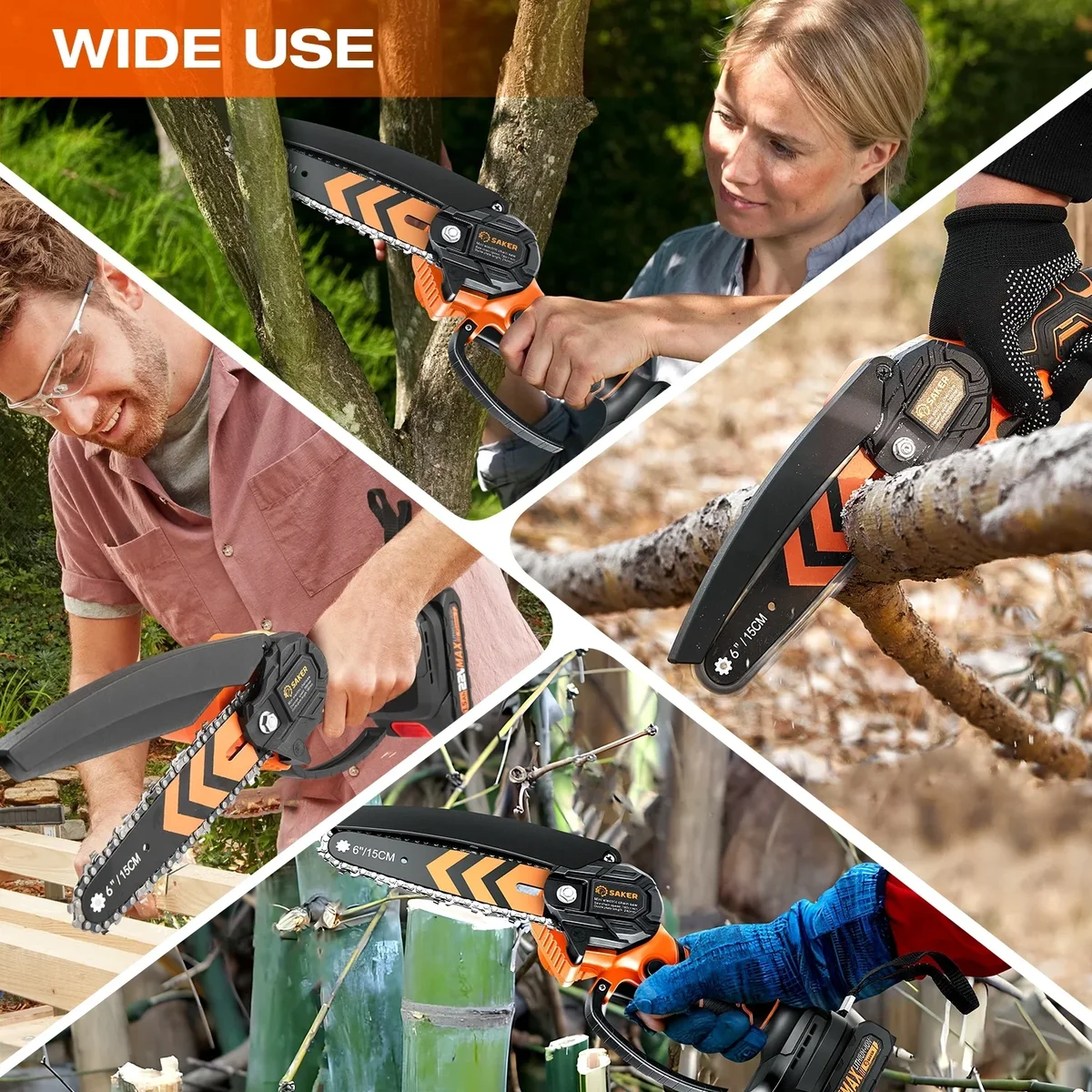 Saker Handheld Mini Chainsaw, 6-Inch Electric Chainsaw for Tree Trimming, Wood Cutting, Portable & Cordless, Includes 2 Chains & 2 Batteries, Ora 4877