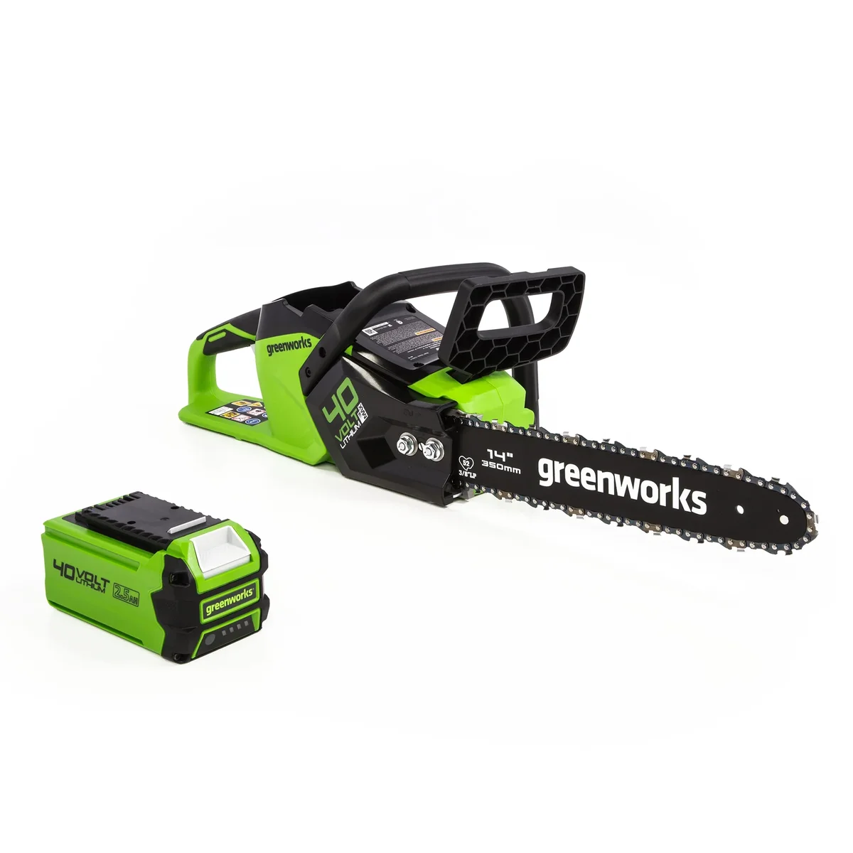 Greenworks 40V 14-inch Brushless Chainsaw with 2.5 Ah Battery and Charger, 2012802 1802