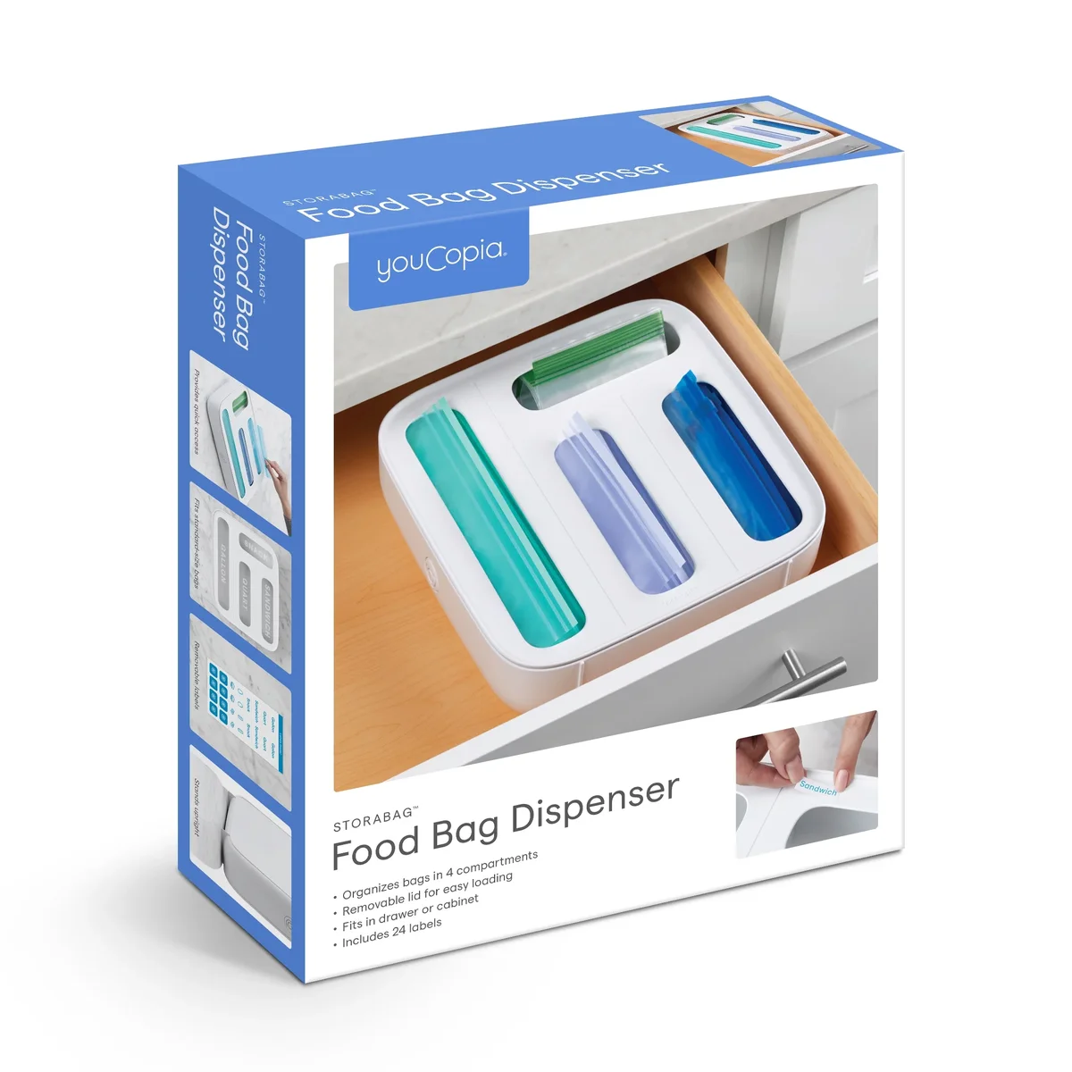 YouCopia ® Plastic StoraBag™ Food Bag Dispenser, Freestanding 4-Slot Organizer for Kitchen Storage, Well Suited to Kitchen Organization and Acc 4582