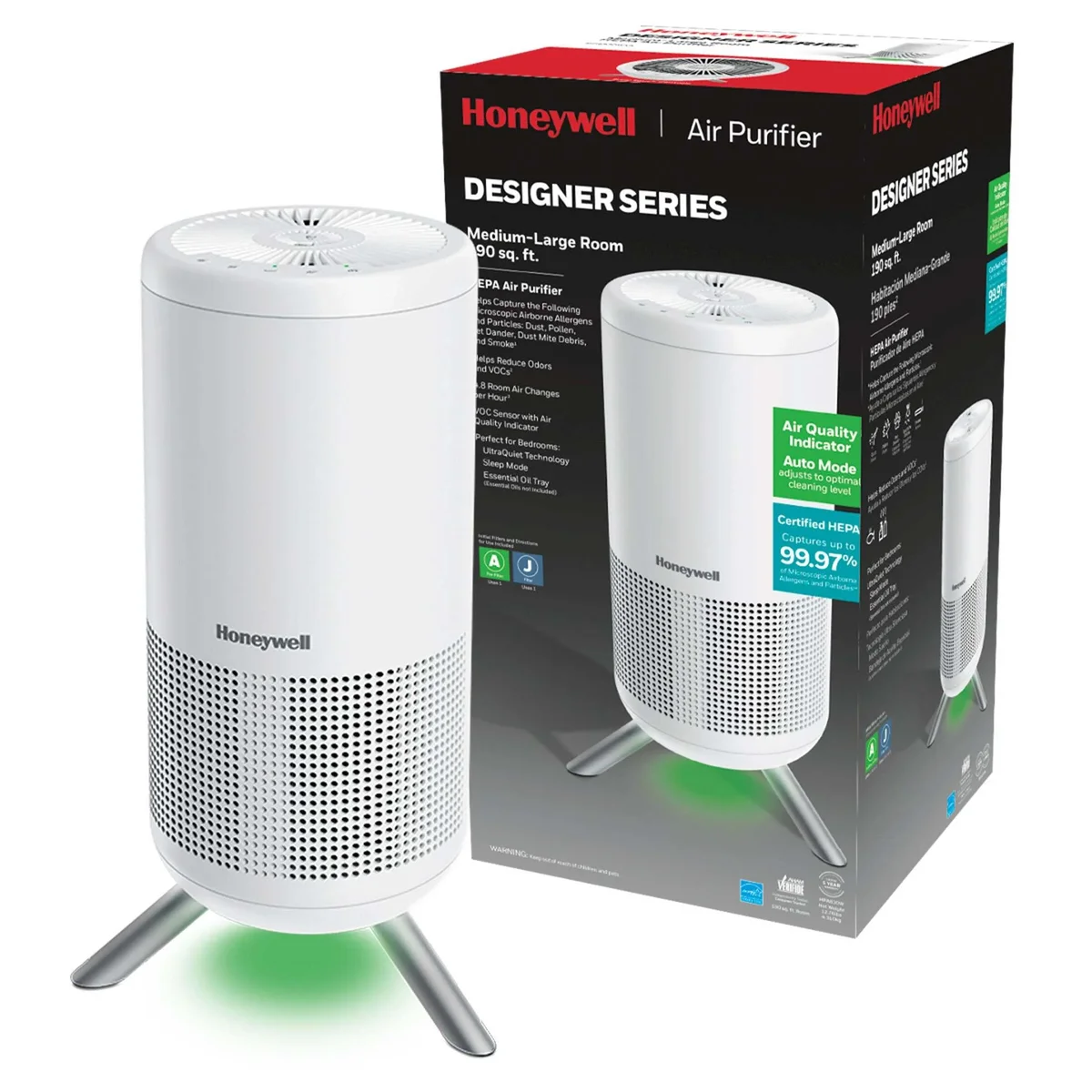 Honeywell Designer Series Air Purifier for Home, 190 Sq ft, HEPA filter, White, Smoke, Pollen, Dust Reducer 8805
