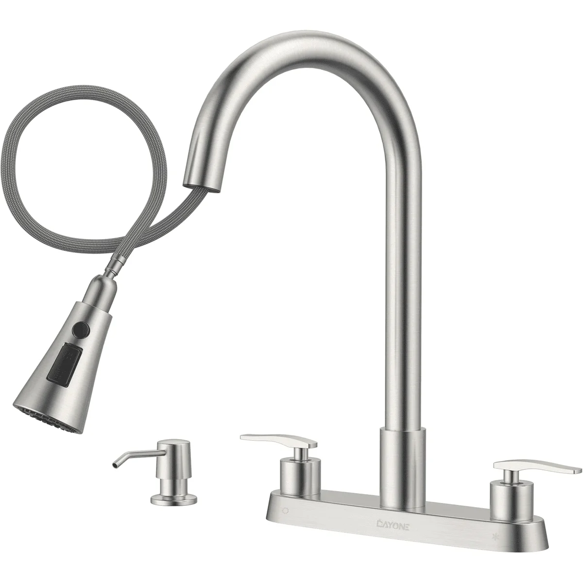 DAYONE 2 Handle Kitchen Faucet with Pull Down Sprayer, 4 Holes Sink Faucets for Kitchen/RV with Soap Dispenser Stainless Steel, Brushed Nickel 1225