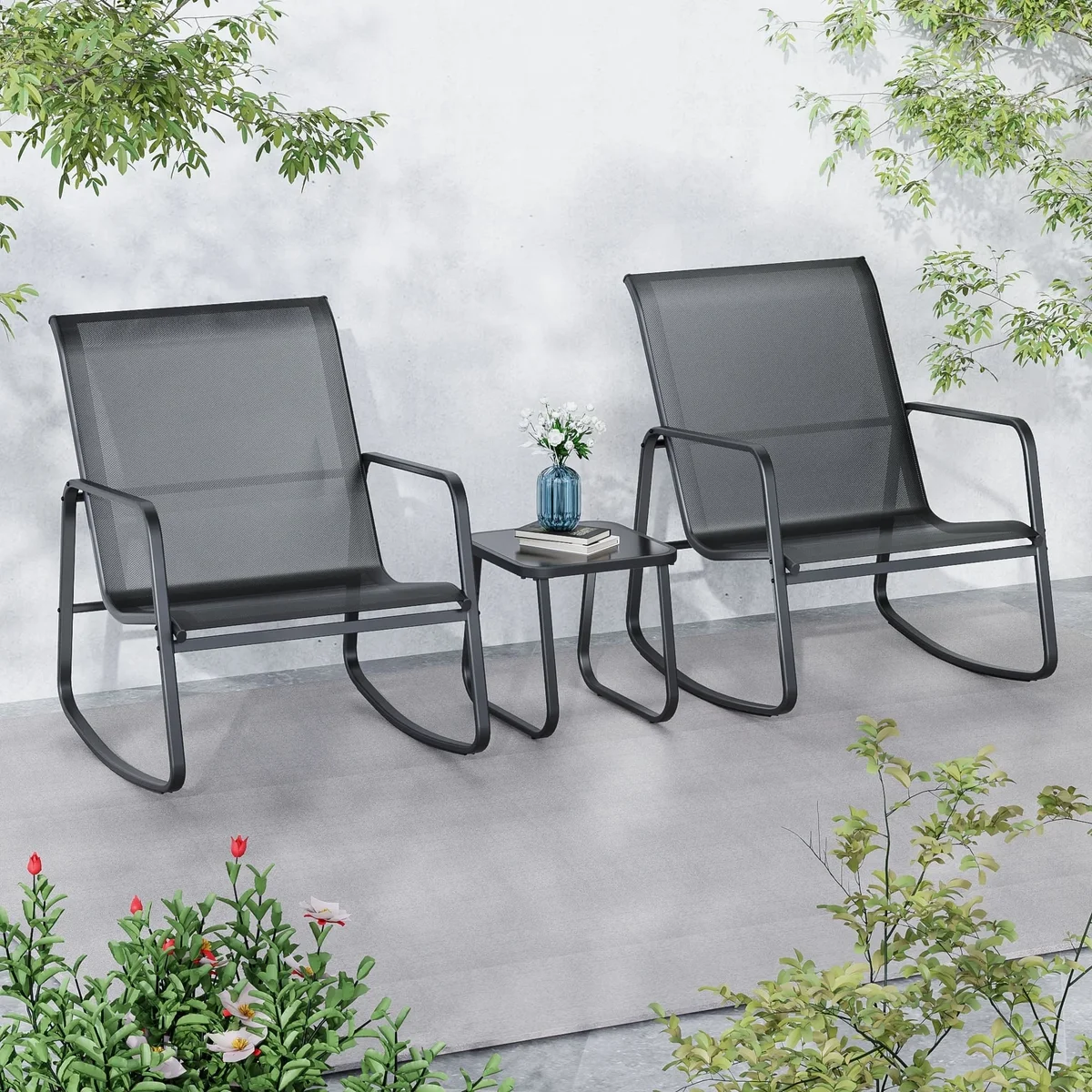 Ainfox Patio Bistro Sets 3 Piece Steel Outdoor Bistro Sets with 2 Rocking Chairs and Glass Coffee Table, Gray 5224