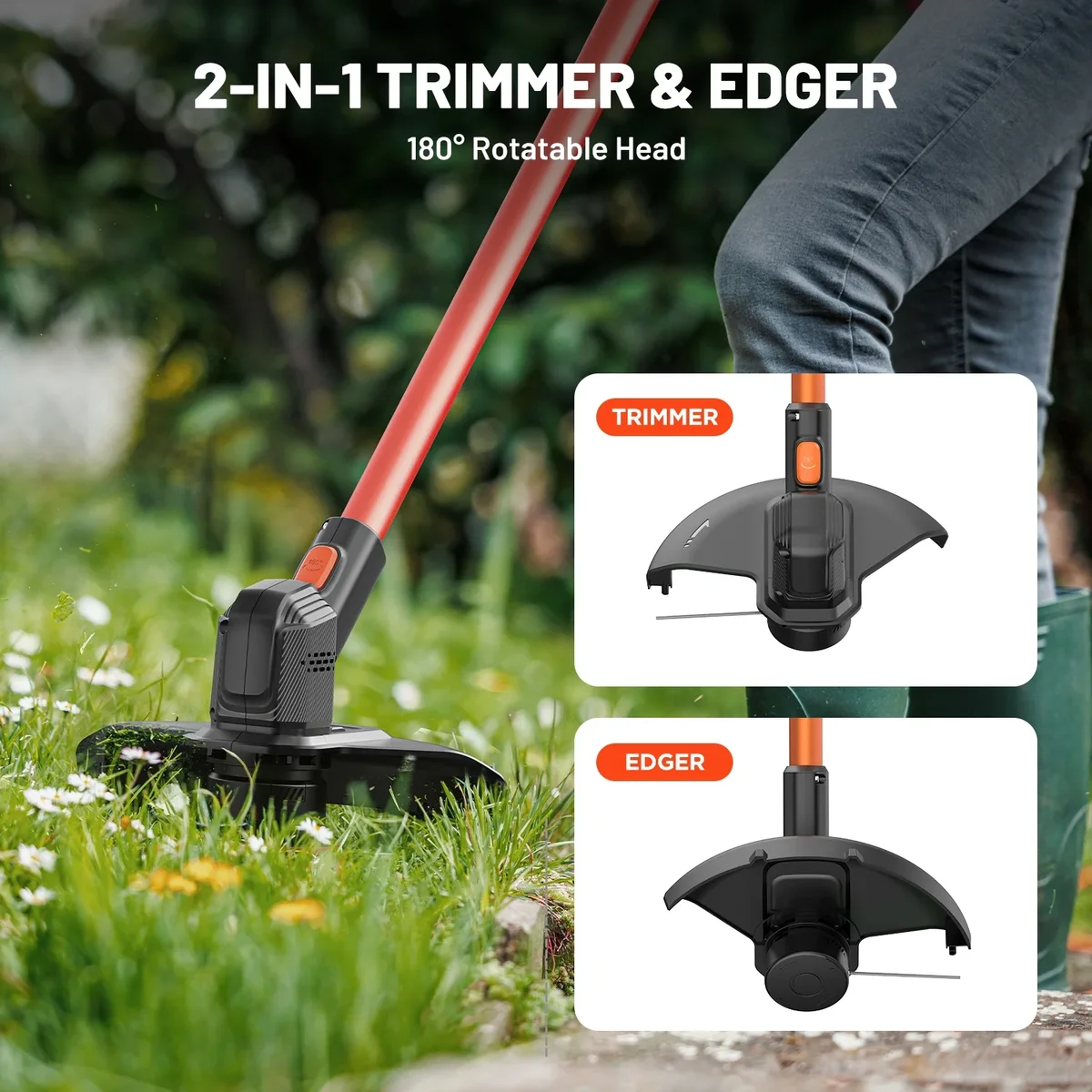 Litheli 20V 12" Cordless String Trimmer, Battery Powered Grass Trimmer & Wheeled Edger, with 2.0Ah Battery, for Garden, Yard and Farm 1263