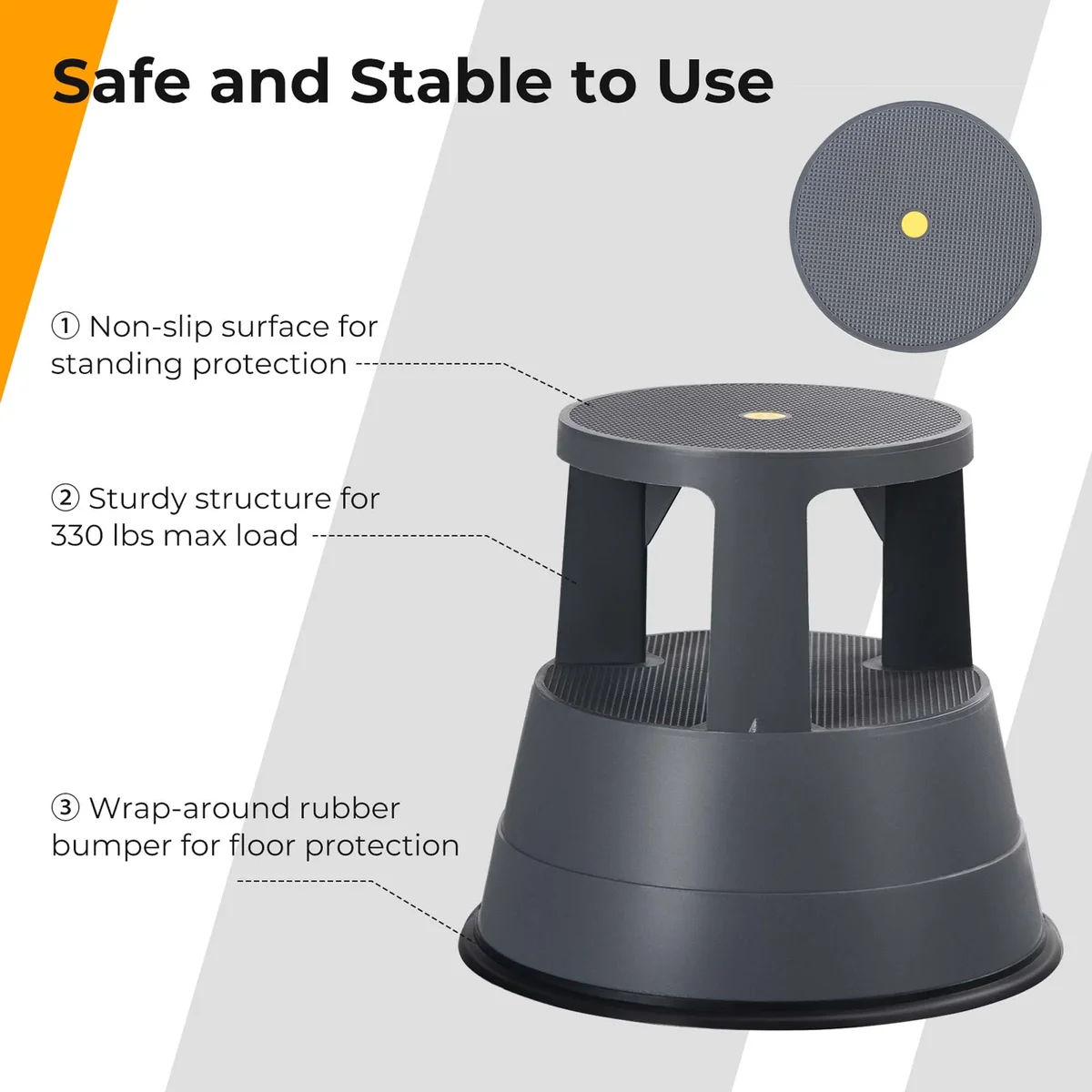 Costway Kick Stool Rolling Step Stool W/ Non-Slip Rubber Platform 330LBS Capacity Gray Backless 8396