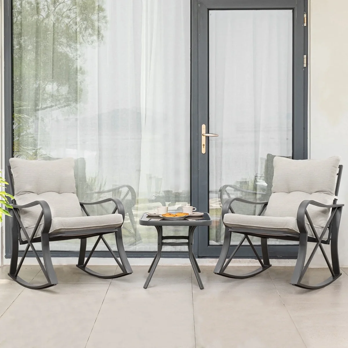 VENTOPYR 3 Piece Rocking Chair Bistro Set, Patio Outdoor Furniture w Cushions, Glass-Top Table 7979
