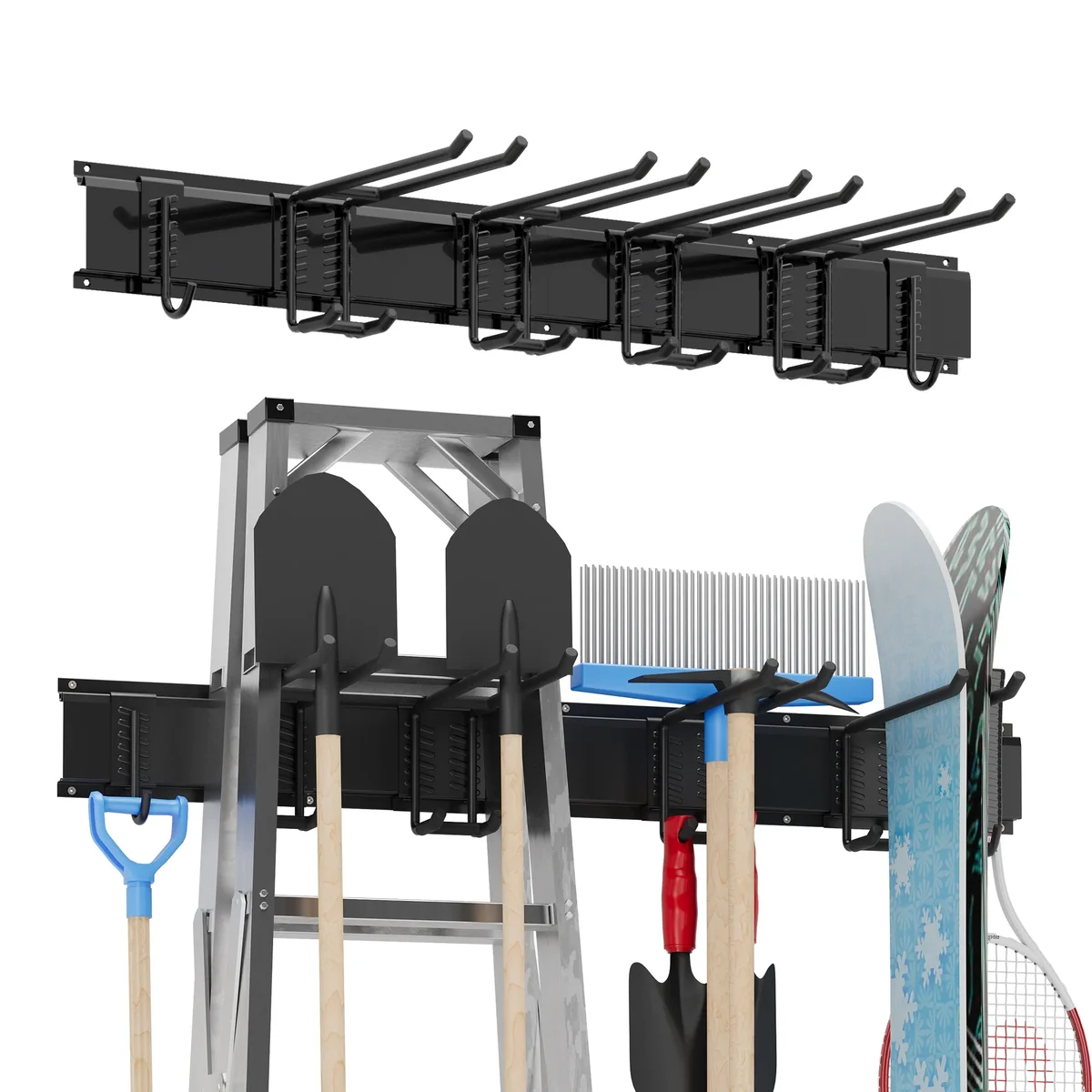 Sttoraboks Garage Tool Storage Rack, Heavy Duty Garage Storage Organizer Rack System Wall Mounted Tool with 6 double hooks, 2 rails 7399