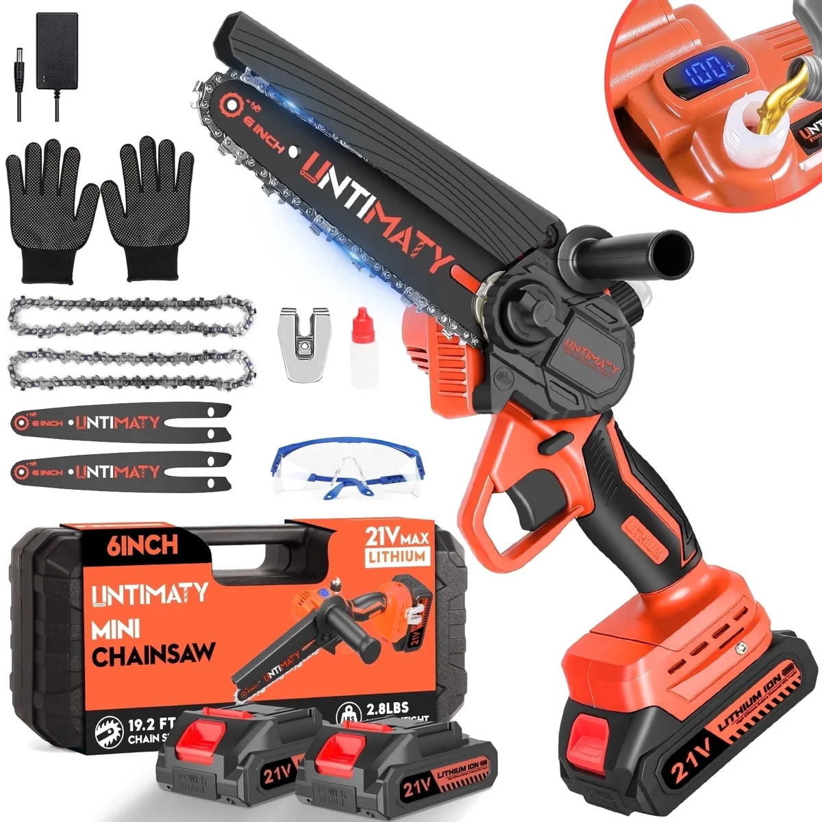 UNTIMATY Mini Chainsaw 6 Inch, 21V Cordless Electric Chainsaw with 2 Batteries & 2 Chains, Safety Lock, Handheld Chain Saw for Tree Trimming Wood 3542