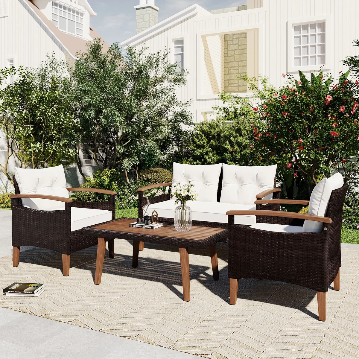 Seizeen 4-Piece Patio Furniture Set, PE Rattan Outdoor Conversation Set with Acacia Wood Table & Armrests, Heavy-duty Sofa Set with Cushions, Pat 3220