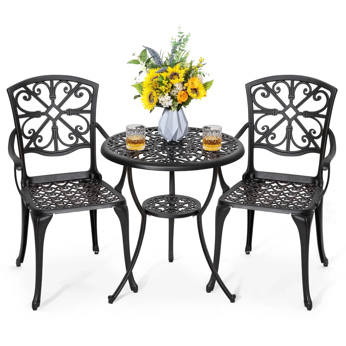 Everdaily Essentials 3 Piece Cast Aluminum Outdoor Metal Bistro Set, Outdoor Patio Table Sets with Umbrella Hole for Yard, Balcony-Antique Bronze 6958