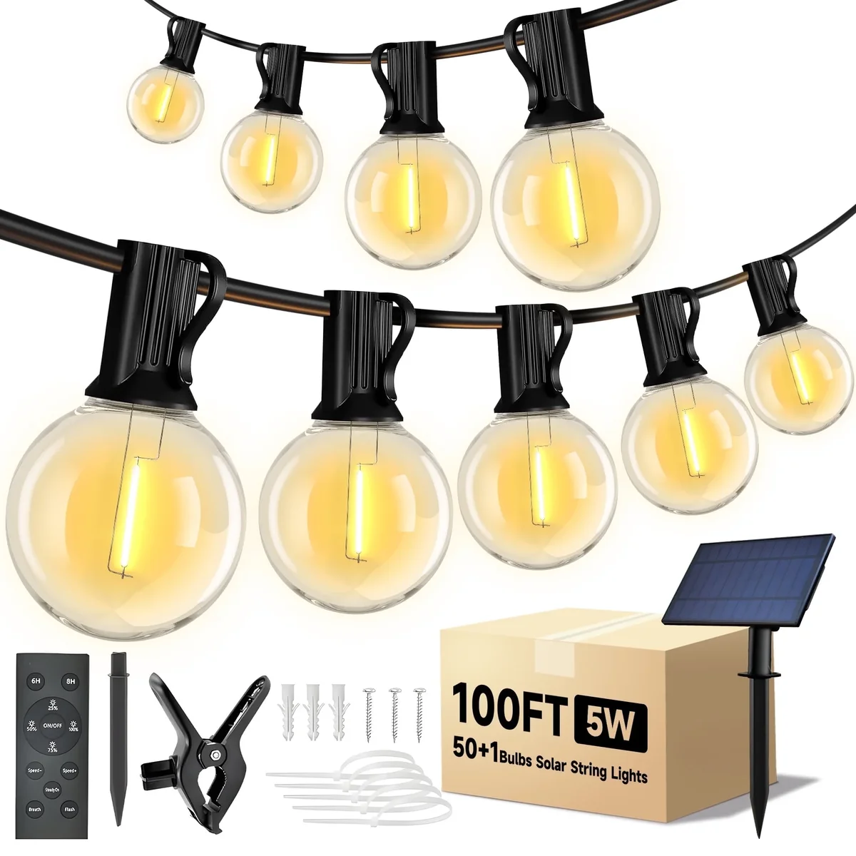 Phopollo Solar String Lights Patio, G40 100FT String Lights 50 Shatterproof Bulbs,Remote control, USB powered, Waterproof Outdoor Hanging Lights  7218