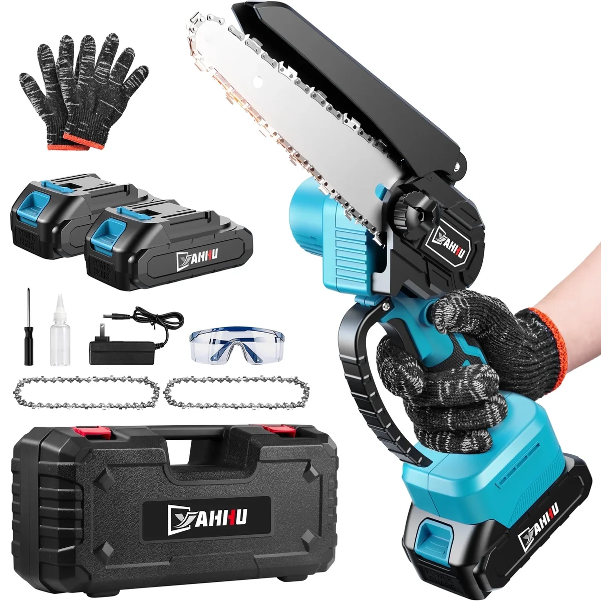 YAHHU 6 Inch Mini Cordless Chainsaw, Handheld Electric Chain Saw with 2 Batteries and 2 Chains for Tree Trimming and Wood Cutting 6337