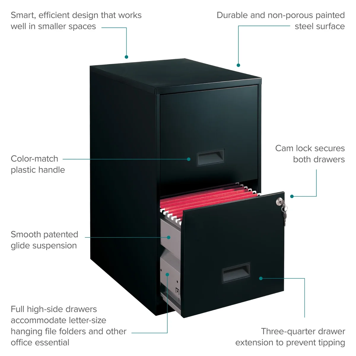 Space Solutions 18" Deep 2 Drawer Letter Width Vertical File Cabinet, Black 2359