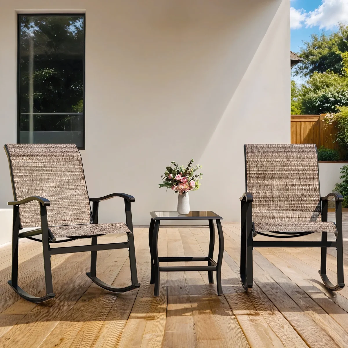 Everdaily Essentials 3 Pieces Rocking Bistro Patio Furniture Rocker Set with 2 Outdoor Rocking Chairs and 1 Glass Coffee Table for Porch Deck Lawn,Brown 3534