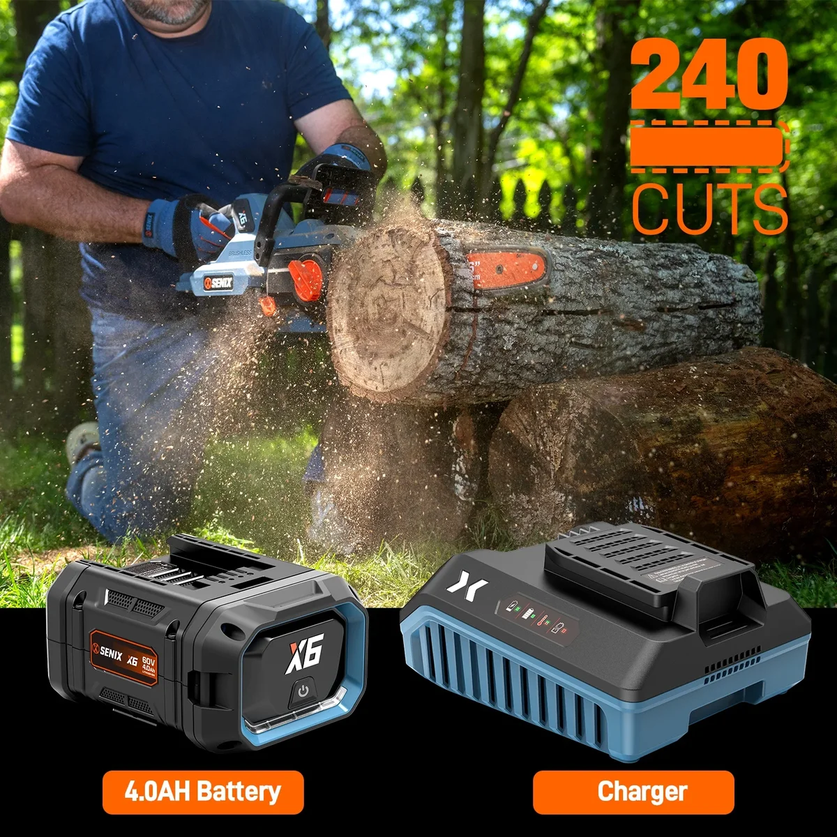 SENIX  60V 16" Battery Chainsaw Brushless Electric Chainsaws Cordless Chain Saw with 4Ah Battery & Charger Garden Tool for Trees, Pruning, Branch 0086