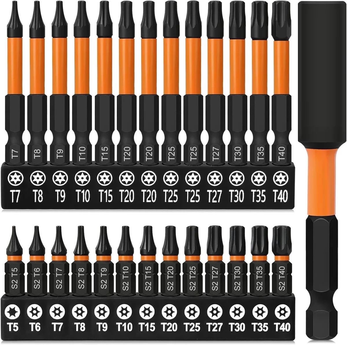 Everdaily Essentials 27Pcs Impact Tamper Proof Torx Bit Set, Magnetic 6 Star Bit Set, 25/60mm Security Torx Screwdriver Sets, Driver Bit Extension Holder, T5- 9129