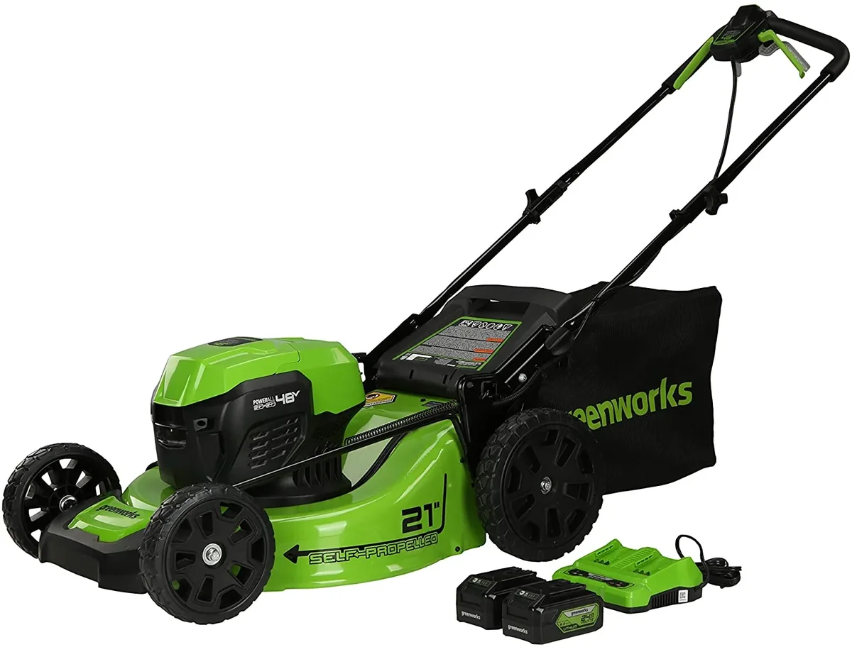 Greenworks 48V (24V x 2) 21" Self-Propelled Mower + (2) 5.0Ah USB Batteries & 4A Dual Port Charger 2810