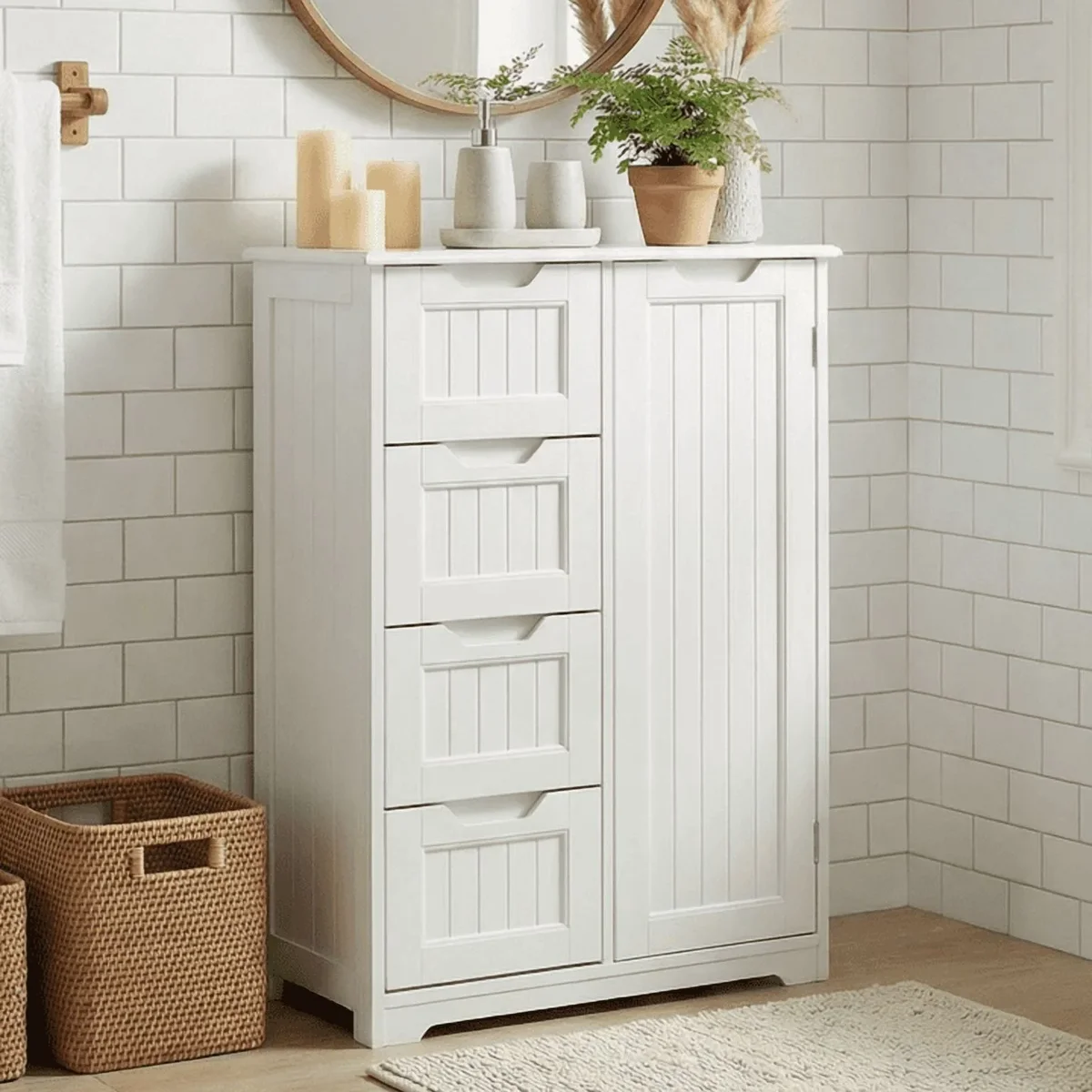 Aiho 33.5 "H Wooden Bathroom Storage Cabinet with 4 Drawers, a Cupboard and Adjustable Dividers for Bathroom,Living room,and Bedroom - White 1020