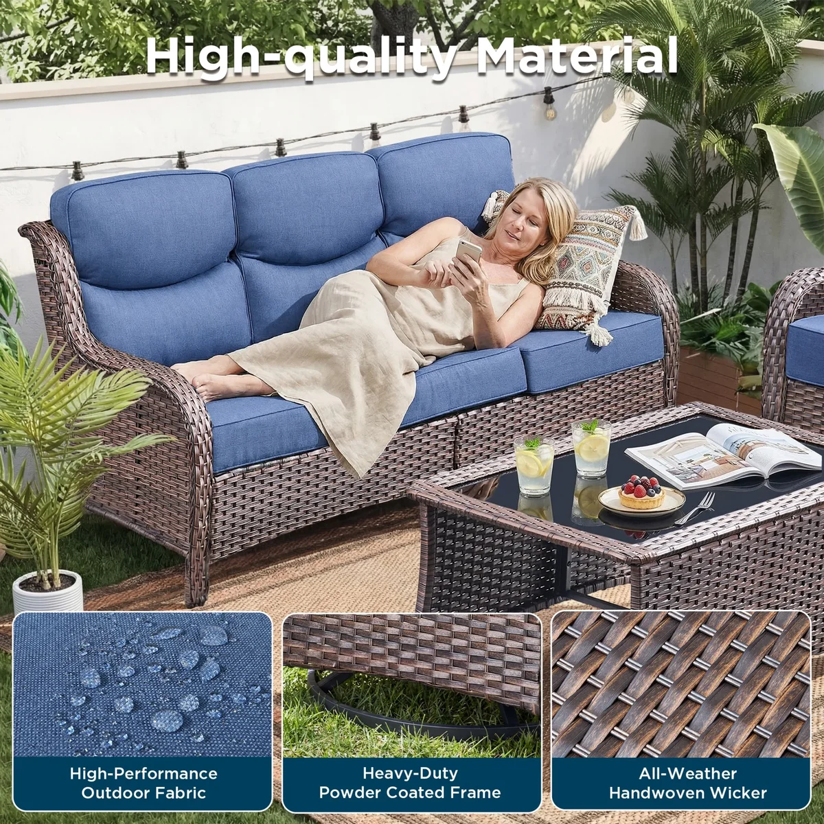 Unnifurnzi Outdoor Sofas All Weather Wicker Outdoor Couch with 6 Inch Thick Cushions Outdoor Furniture Couch for Porch Poolside Balcony-Brown/Blu 7831