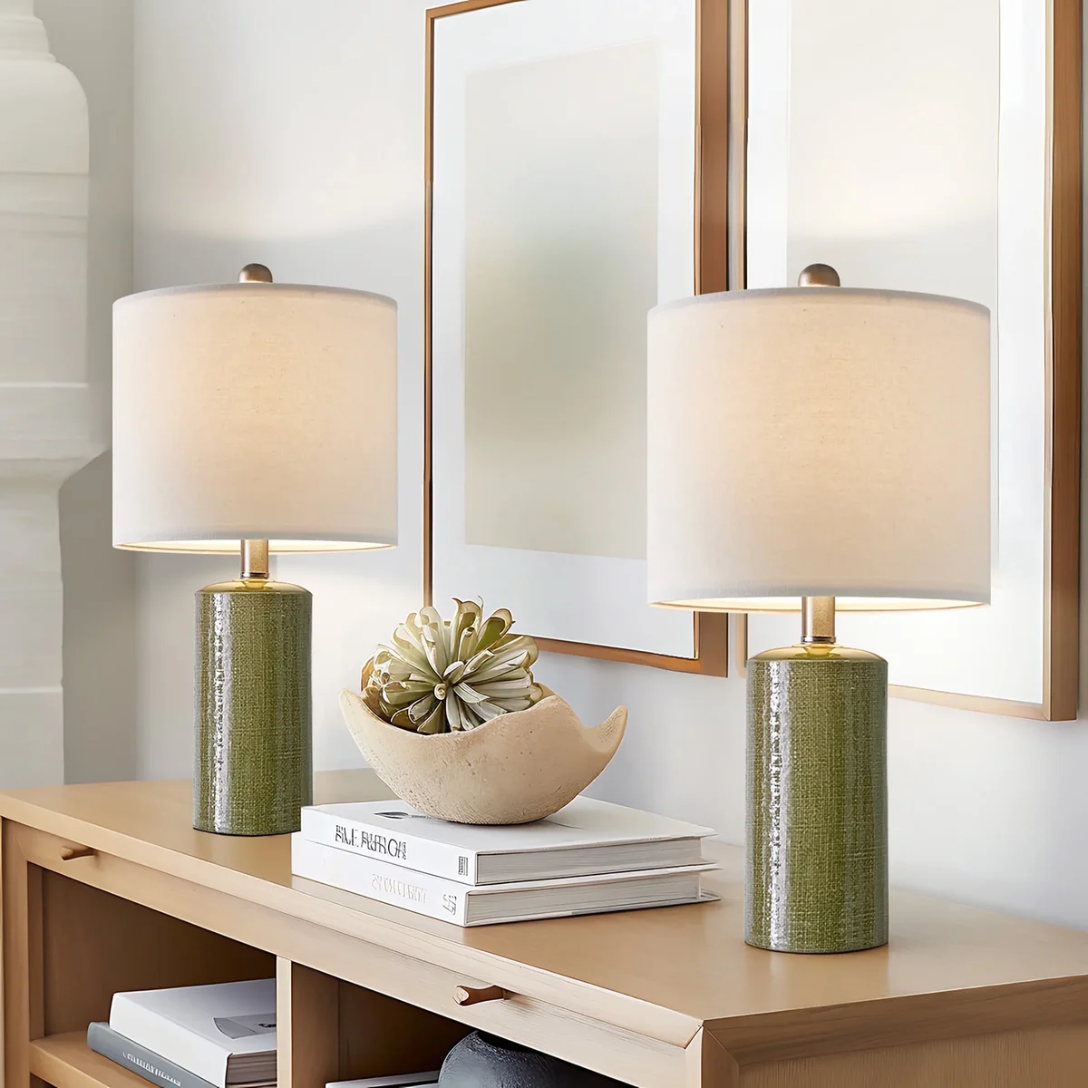 Oneach Modern Table Lamp Set of 2 for Living Room 20.25" Farmhouse Green Ceramic Bedside Nightstand Lamps for Bedroom 3756