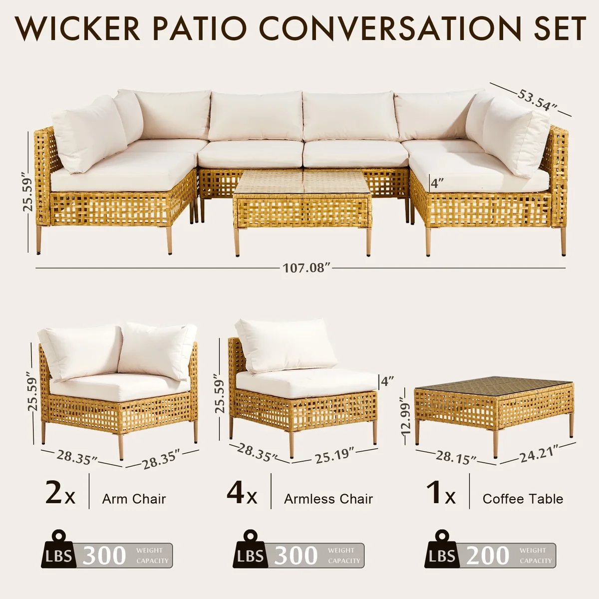 Zimtown 7-Piece Patio Furniture Set, Wicker Outdoor Furniture Set with Coffee Table and Cushion , Beige 9223