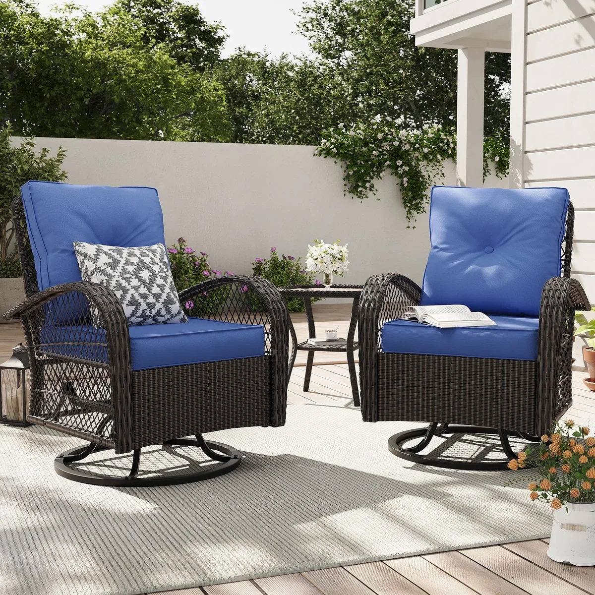 ELPOSUN 3 Pieces Patio Furniture Set, Outdoor Swivel Gliders Rocker, Wicker Patio Bistro Set with Rattan Rocking Chair, Glass Top Side Table and  9915