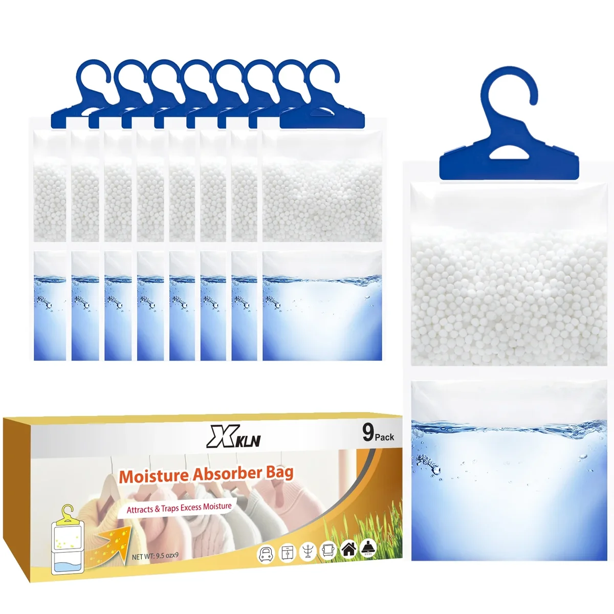 XKLN Moisture Absorber Packets 9 Pack, Humidity Packs, Hanging Closet Dehumidifier Bags,  9.8OZ 3147