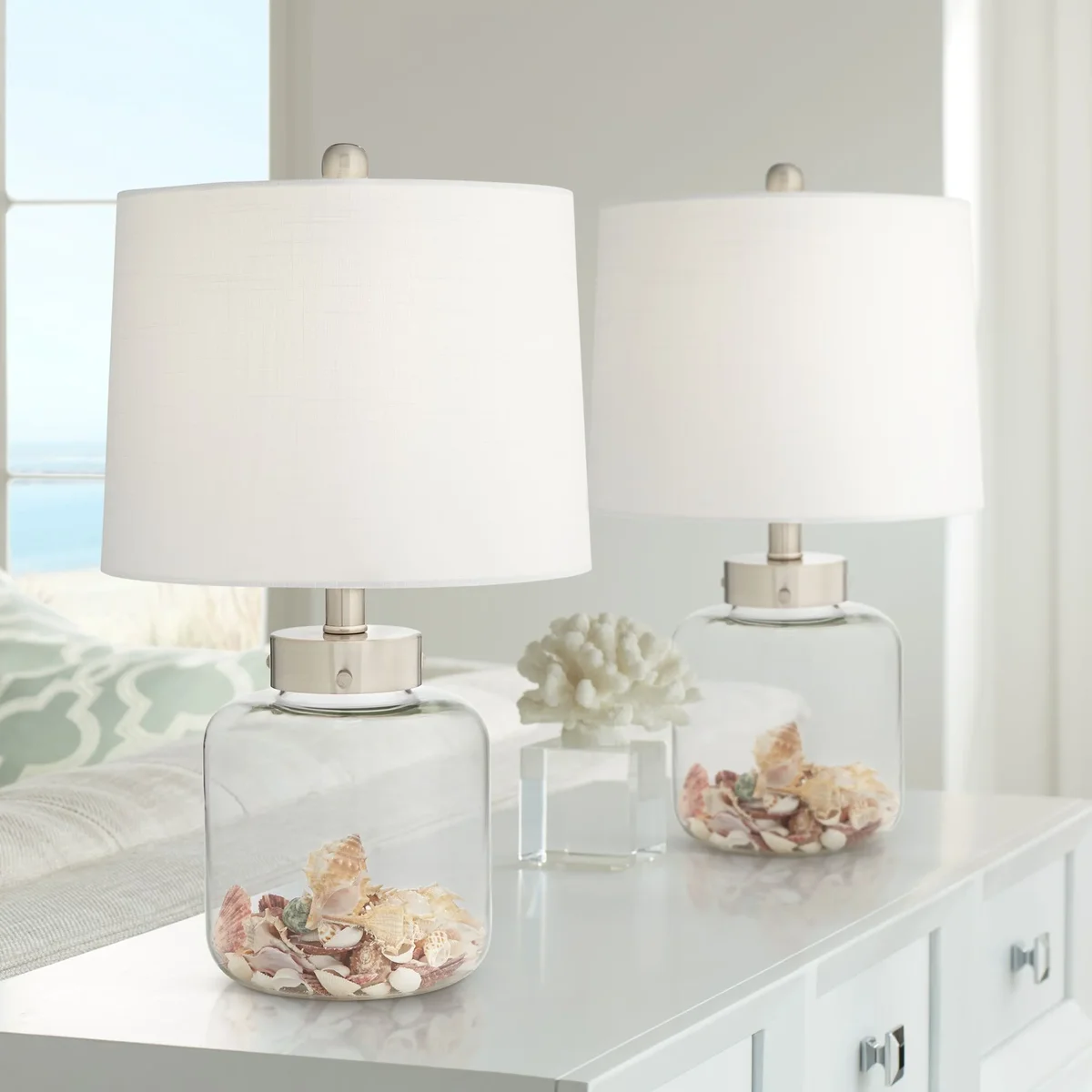 Everdaily Essentials Coastal Accent Table Lamps 20.5" High Set of 2 Small Clear Glass Fillable Shells White Drum Shade for Living Room Family Bedroom 8132
