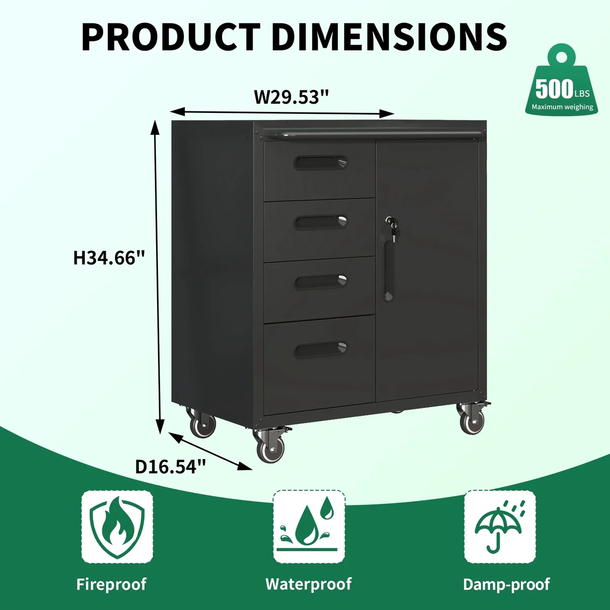 IKIMI 34.65"H Metal Rolling Tool Storage Cabinet with 4 Drawers & 1 Lockable Door, Mobile Tool Cart with Adjustable Shelf for Workshop/Garage, Bl 2279