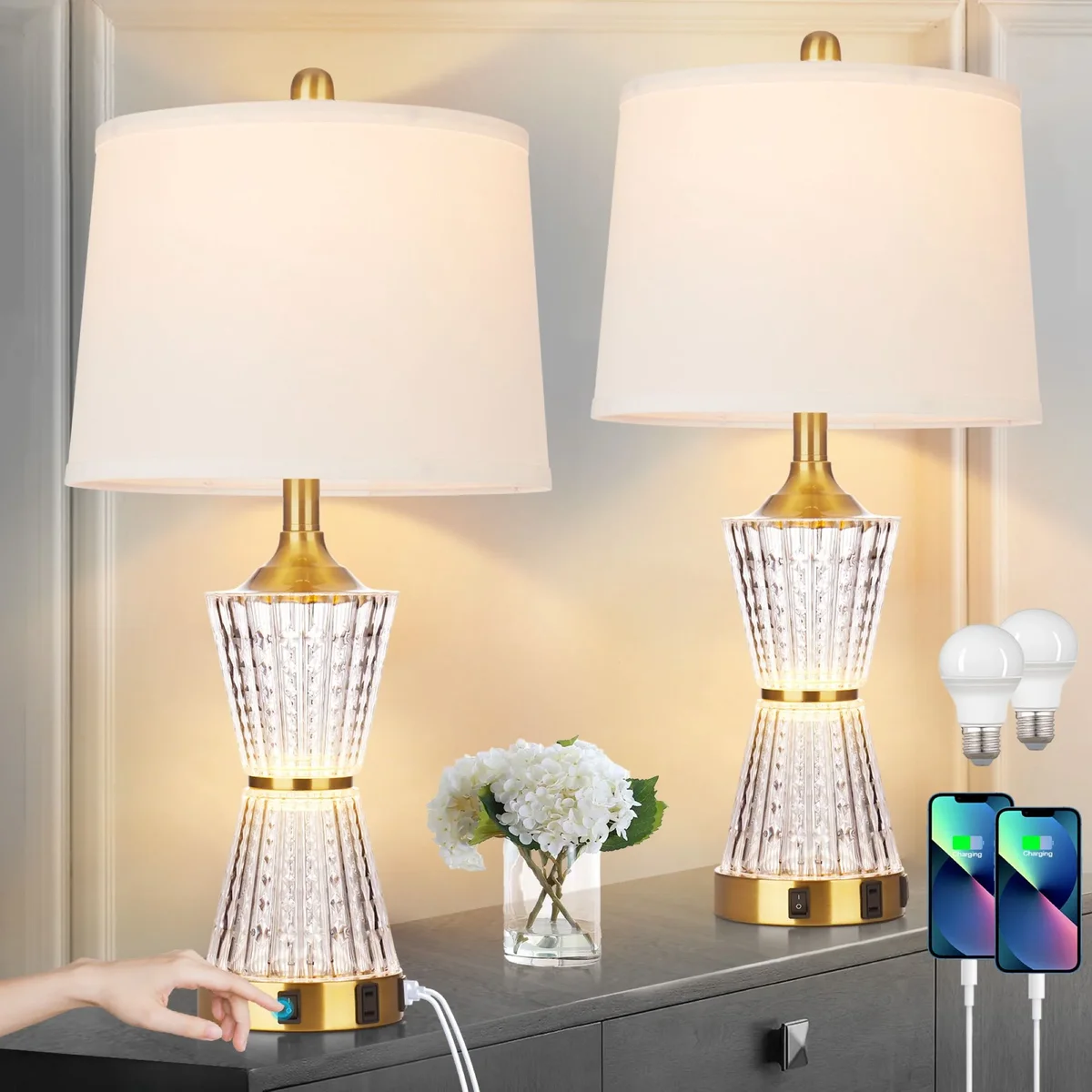 Cinkeda Gold Acrylic Night-light Table Lamp 2in1 with 2 USB Charging Ports An AC Outlet Rotary Switch & Rocker Switch (Set of 2) 3596